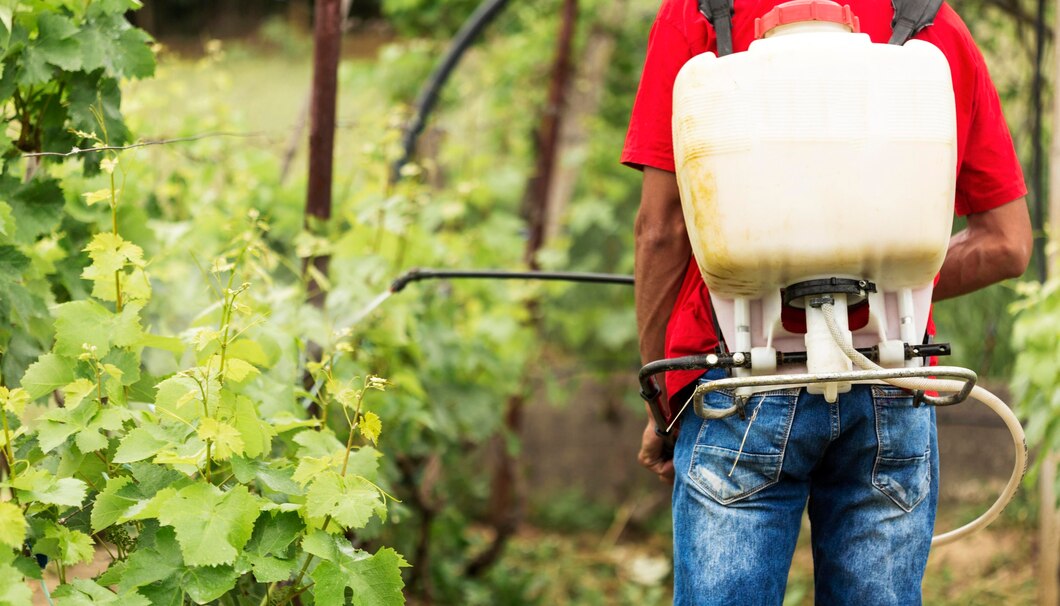 adult male farmer spraying pesticide